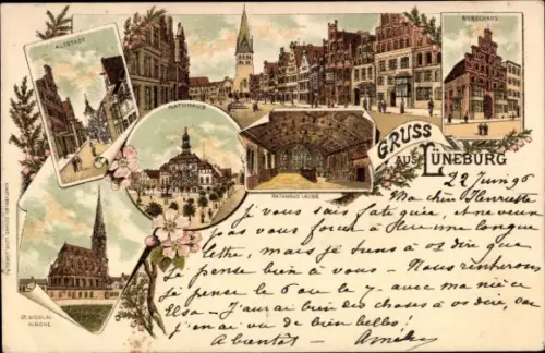 Litho Lüneburg in Niedersachsen, Altstadt, Rathaus, St. Nicolai-Kirche