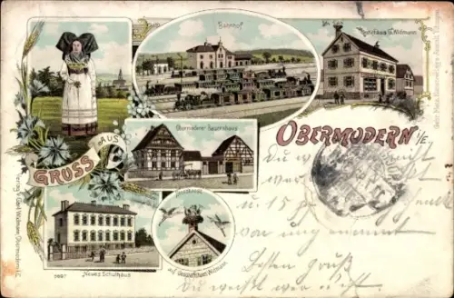 Ak Obermodern Zutzendorf Elsass Bas Rhin, Bahnhof, Bauernhaus, Schulhaus