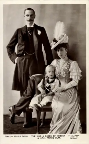 Ak König Haakon VII. von Norwegen, Königin Maud, Prinz Olav, Portrait