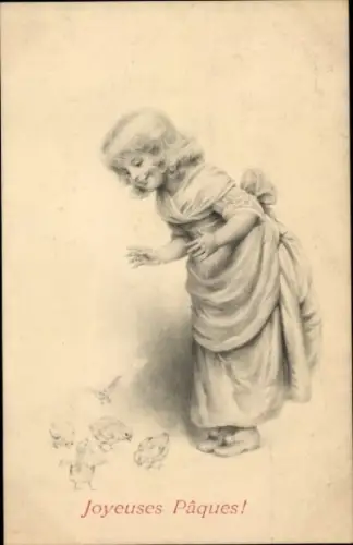 Ak Frohe Ostern, Mädchen mit Küken