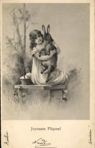Ak Frohe Ostern, Mädchen mit Hasen auf dem Schoß.