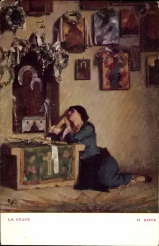 Künstler Ak Die Witwe, griechisch orthodoxer Altar, Ikonen
