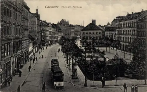 Ak Chemnitz Sachsen, Theaterstraße, Straßenbahn 205, Denkmal