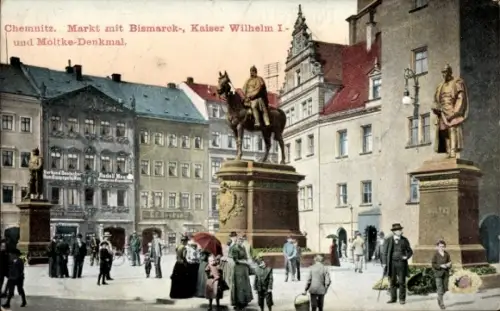 Ak Chemnitz in Sachsen,  Markt, Bismarckdenkmal, Kaiser Wilhelm I., Moltke-Denkmal