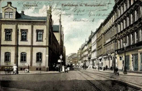 Ak Chemnitz in Sachsen, Poststraße, Hauptpostamt, Straßenansicht,  Gebäude