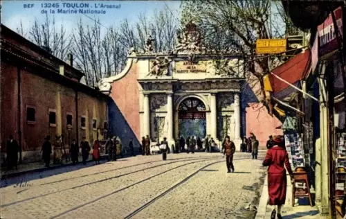 Ak Toulon Var, Tor der Marine Nationale, Menschen, Straßenbahn, Geschäfte