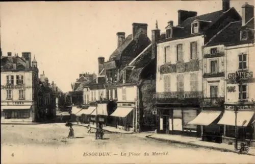 Ak Issoudun Indre, La Place du Marché, Geschäfte, Menschen,  Architektur