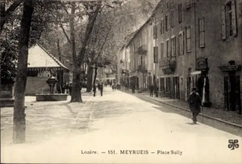 Ak Meyrueis Lozère, Alte Straße, Bäume, Gebäude, Brunnen, Menschen