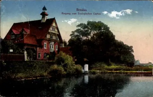 Ak Wrocław Breslau Schlesien, Eingang zum Zoologischen Garten, Wasseransicht, Gebäude