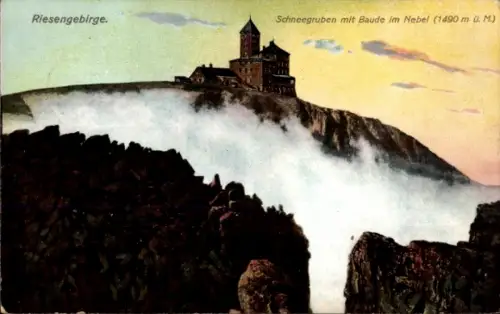 Ak Szklarska Poręba Schreiberhau Riesengebirge Schlesien, Schneegrubenbaude im Nebel