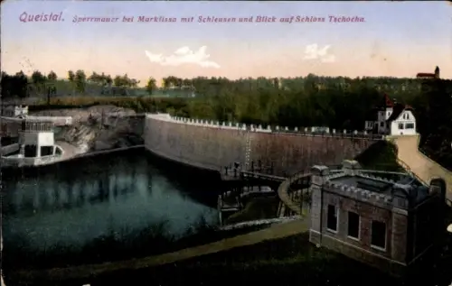 Ak Leśna Marklissa Schlesien, Sperrmauer, Schleusen, Blick auf Schloss Tschocha