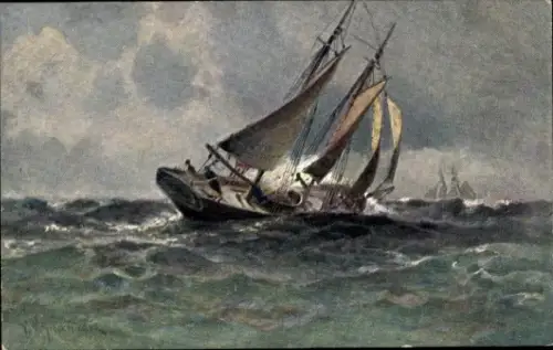 Künstler Ak Segelschiff auf rauher See