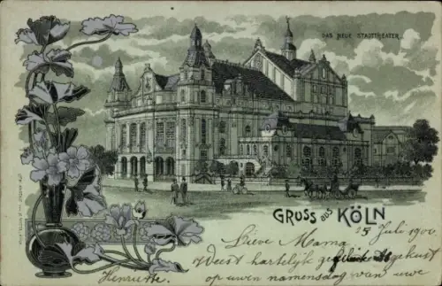 Jugendstil Mondschein Litho Köln am Rhein, Neues Stadttheater