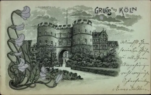 Mondschein Jugendstil Litho Köln am Rhein, Hahnentor