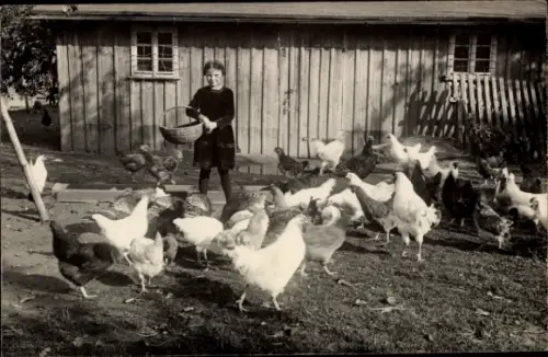 Foto Ak Mädchen, Hühnerhof