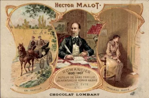 Litho Schriftsteller Hector Malot, Reklame, Chocolat Lombart