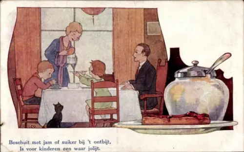 Künstler Ak De Fijnste Beschuit, Reklame, Beschuit met jam of suiker