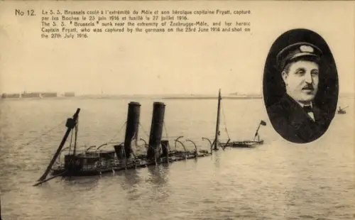 Ak Zeebrugge, S.S. Brussels, Versenktes britisches Schiff, Kapitän Fryatt