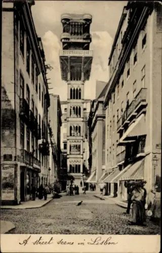 Ak Lisboa Lissabon Portugal, Straßenszene in  hohe Gebäude, Menschen auf der Straße, Katze