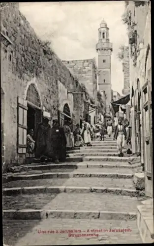 Ak Jerusalem Israel, Straßenszene in  Menschen, Geschäfte,  Atmosphäre
