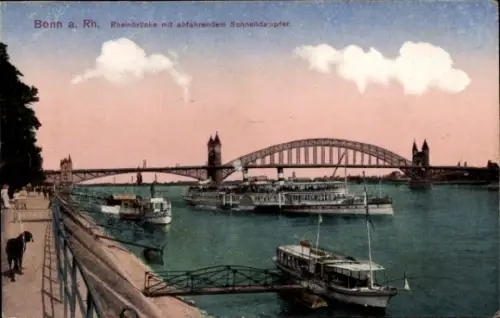 Ak Bonn am Rhein, Bonn a. Rh., Rheinbrücke, Schiffe auf dem Wasser, Himmel mit Wolken