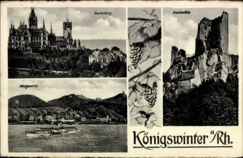Ak Königswinter am Rhein,  Drachenburg, Drachenfels, Schiff auf dem Rhein