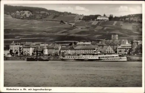 Ak Rüdesheim am Rhein,  Jugendherberge, Schiffe, Weinberge