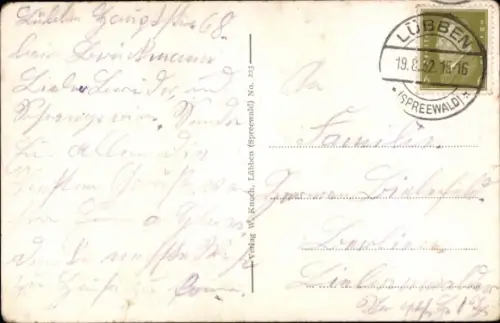 Ak Lübben im Spreewald, Brücke über Wasser, Bäume, Text 'Lübben (Spreewald) Partie im Hain.'