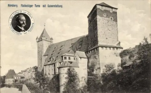 Ak Nürnberg, Fünfeckiger Turm, Kaiserstallung, Oberbürgermeister Hofrat Dr. von Schuh