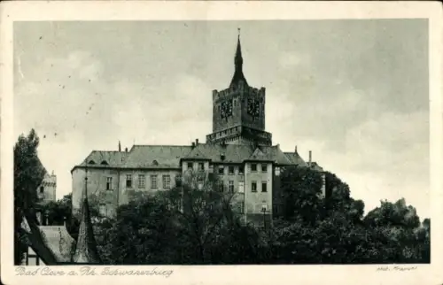 Ak Bad Cleve Kleve am Niederrhein, Schloss Schwanenburg,  Fotografie, Uhrturm, Bäume