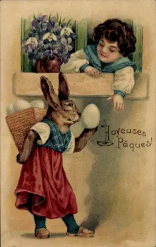 Präge Ak Frohe Ostern, Osterhase, Hasenfrau mit Eiern, Kind am Fenster, Veilchen, Schneeglöckchen