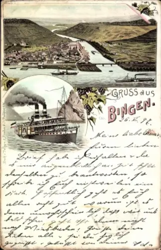 Litho Bingen am Rhein, Totalansicht, Salondampfer