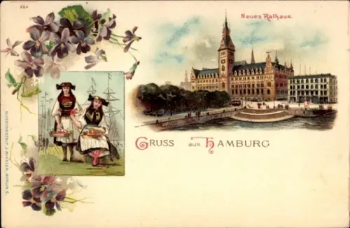 Litho Hamburg Altstadt, Neues Rathaus, Vierländerinnen