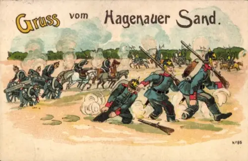 Litho Gruß vom Hagenauer Sand, Soldaten stecken im Sand fest