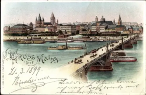 Litho Mainz am Rhein, Panorama, Brücke, Schiffe