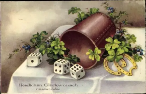 Ak Glückwunsch Neujahr, Kleeblatt, Spielwürfel