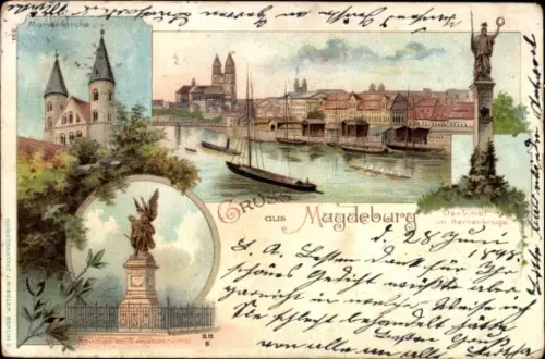Litho Magdeburg, Marienkirche, Denkmal im Herrenkruge, Neustädter Siegesdenkmal