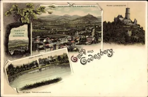 Litho Bad Godesberg Bonn am Rhein, Ruine, Kurpark, Siebengebirge