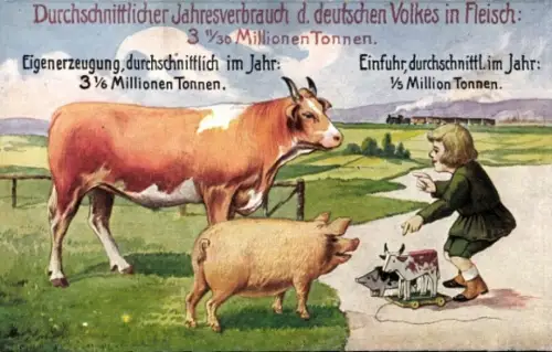 Künstler Ak Jahresverbrauch Fleisch, Eigenerzeugung, Einfuhr, Zoll und Grenzschutz, Rind, Schwein