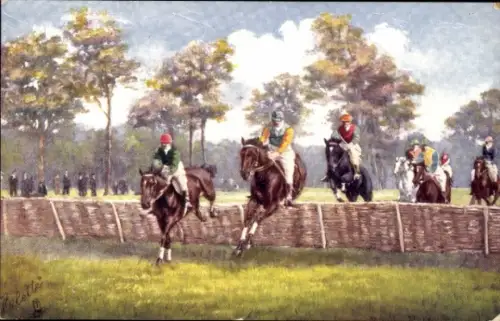 Künstler Ak Reiter springen über eine Hürde, Sport, Tuck and Sons 9118