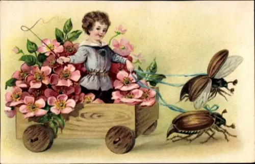 Litho Glückwunsch Pfingsten, Maikäfer als Zugtiere, Kirschblüten