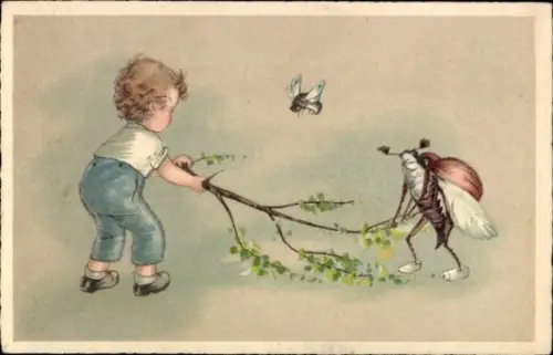Ak Glückwunsch Pfingsten, Maikäfer, Kind