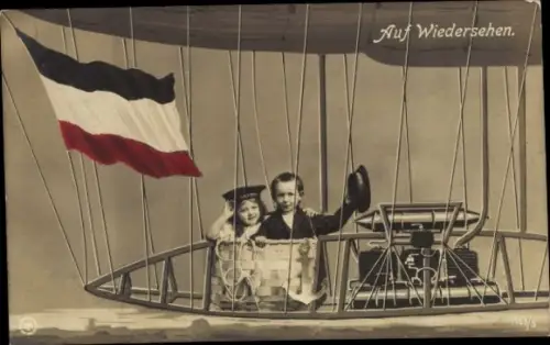 Ak Kinder, Luftschiff, Zeppelin, Fahne