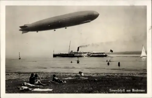 Ak Strandidyll am Bodensee, Zeppelin, Dampfer