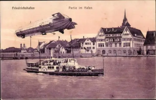 Ak Friedrichshafen am Bodensee, Zeppelin, Dampfer, Hafen