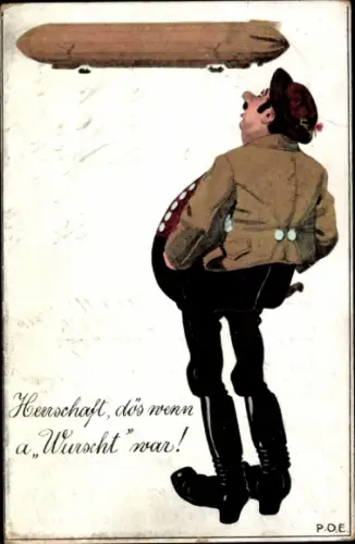 Künstler Ak Engelhard, P.O.E., Mann bewundert Zeppelin