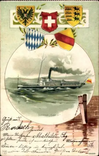 Wappen Litho Dampfer Greif auf dem Bodensee