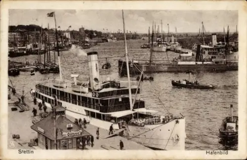 Ak Szczecin Stettin Pommern, Hafenbild, Dampfer Berlin, Teilansicht der Stadt