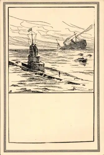 Künstler Ak KuK-Marine, U-Boot versenkt feindliches Schiff