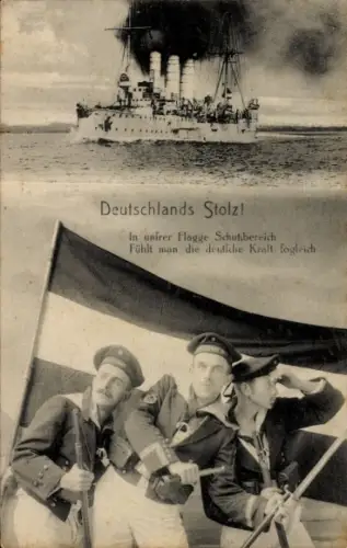 Ak Deutsches Kriegsschiff, Matrosen, Fahnen, Deutschlands Stolz